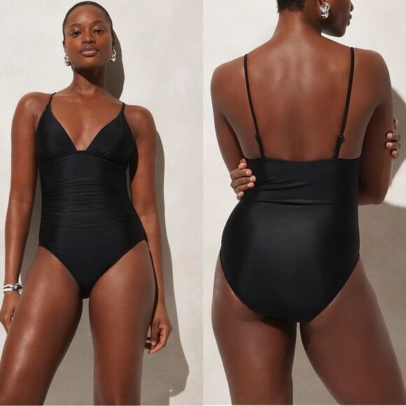 NWT J CREW Ruched plunge one-piece swimsuit in black - Picture 1 of 8